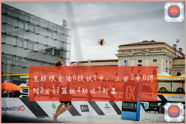 克林根全场6投仅1中，三分3中0得到2分11篮板4助攻3封盖